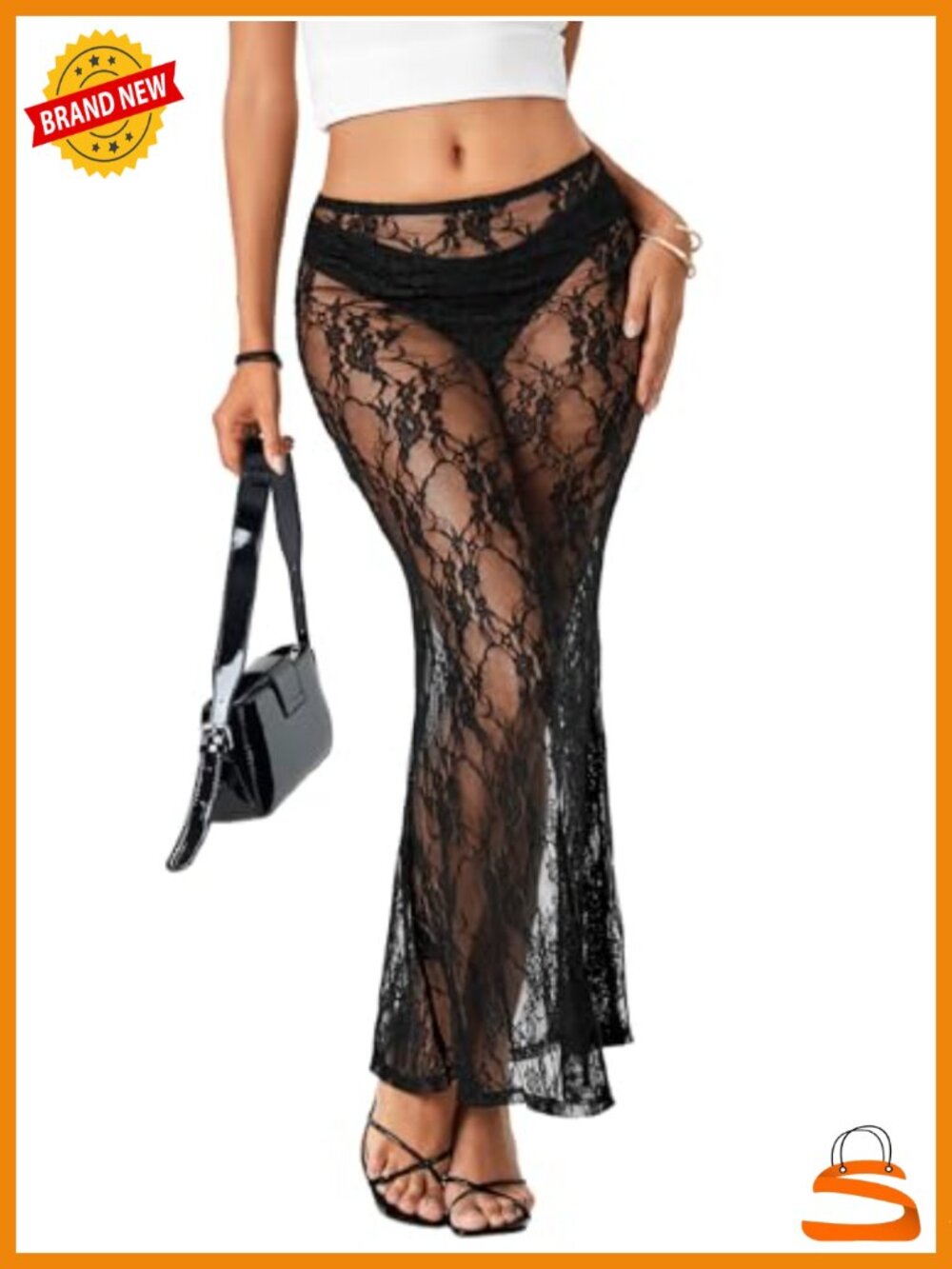 Sheer Lace A-Line Maxi Skirt High Waist Flowy Beach Cover-Up